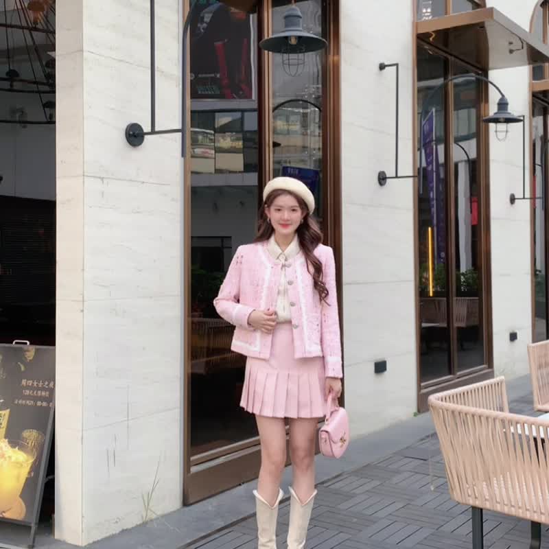 Nega C.复古圆领Tweed Jacket| 粉红色| 无弹|有里衬 - 女装休闲/机能外套 - 聚酯纤维 粉红色