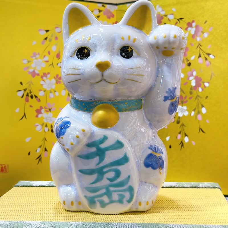 【晶藤千万】日本清水烧招财猫 | 花结晶 藤 - 千万両 特大 左 - 摆饰 - 瓷 白色