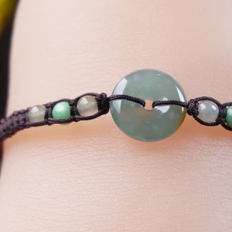 冰种蓝水翡翠平安扣编织手链 | 天然A货翡翠 | 送礼 - 手链/手环 - 玉石 蓝色