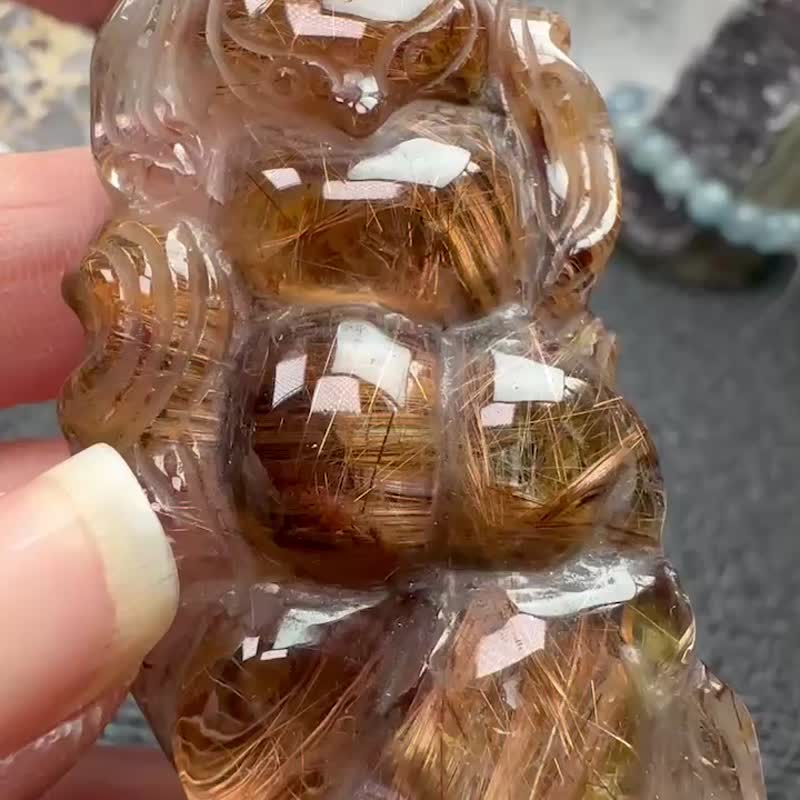 绝美 咖啡钛 母矿 九尾狐 雕刻件 吊坠 配绳 - 项链 - 水晶 金色