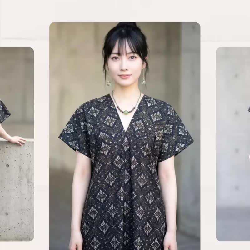 微宽版纯棉黑色烫金华丽满版几何图腾拼接纱质长版四角衣连身裙 - 洋装/连衣裙 - 棉 黑色