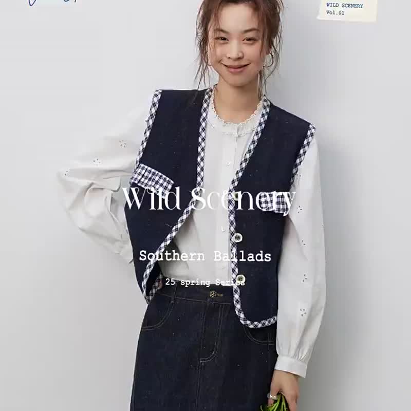 深靛藍色 想象格紋 法式牛仔馬甲 V領疊搭背心上衣 - 女装背心 - 棉 蓝色