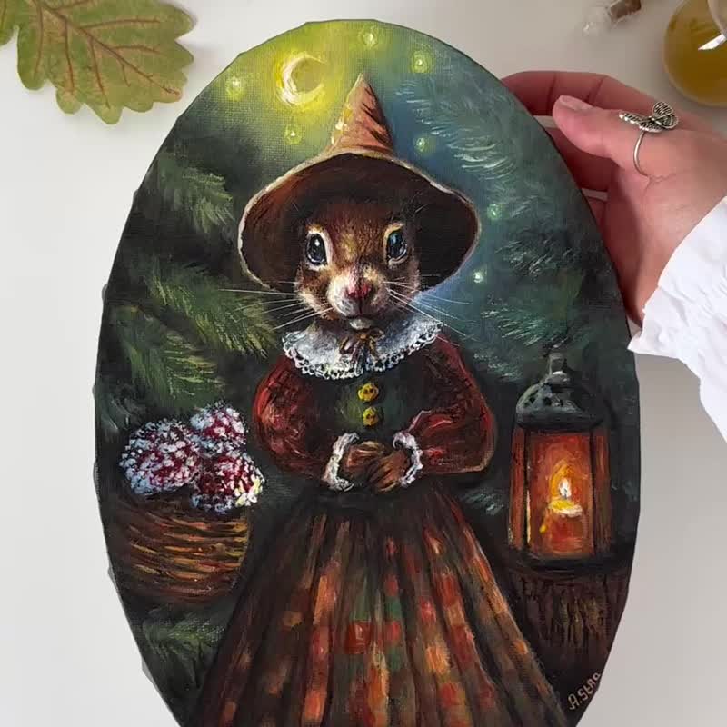 松鼠椭圆画作、松鼠墙面装饰、动物仙子艺术、林地动物 - 墙贴/壁贴 - 棉．麻 黑色