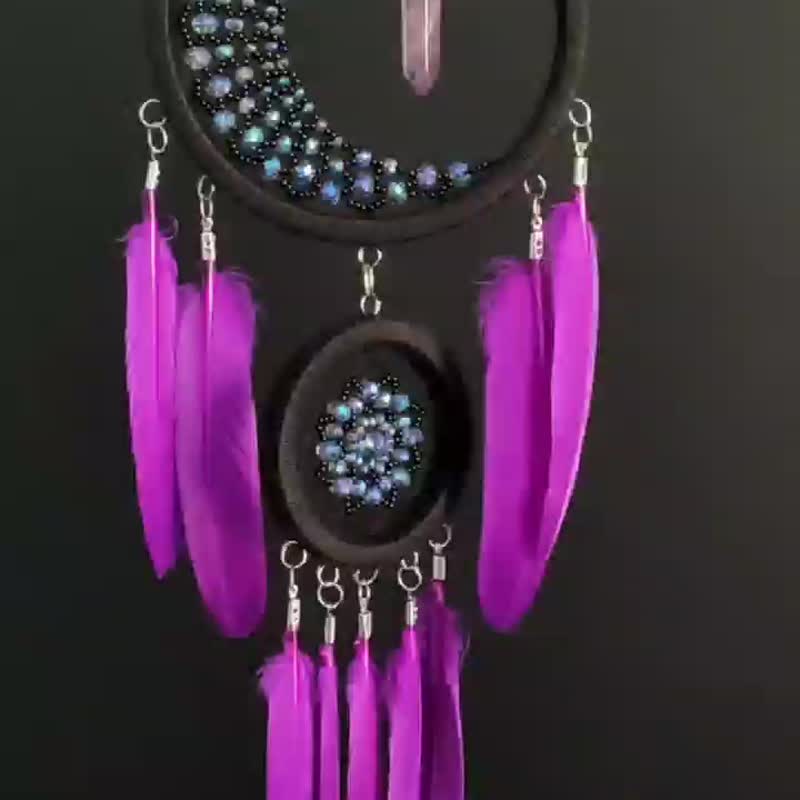 Purple black crescent moon dream catcher with amethyst crystal พระจันทร์ดักฝัน - 墙贴/壁贴 - 宝石 紫色