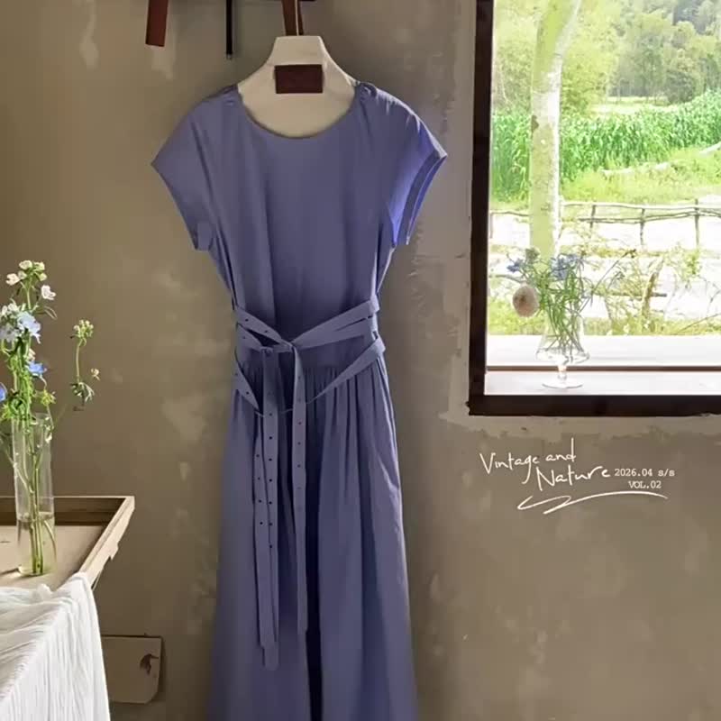 霧島藍 波罗的海 法式纯棉通勤洋裝 松弛感低腰线系带连身裙 - 洋装/连衣裙 - 棉 蓝色