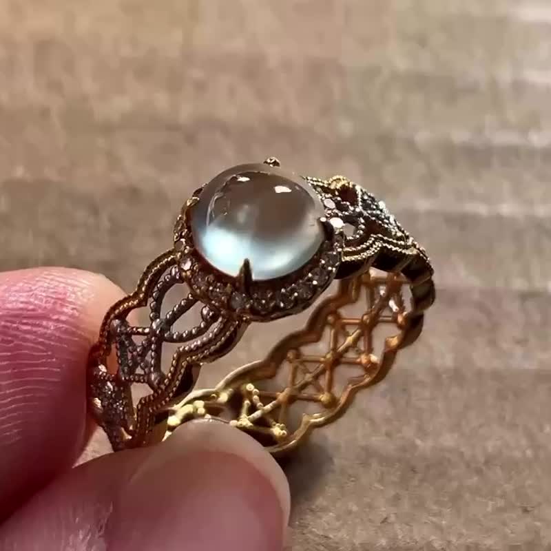 冰种翡翠天然翡翠A玉班指披指指环 • 18k金蕾丝翡翠戒指 - 戒指 - 玉石 