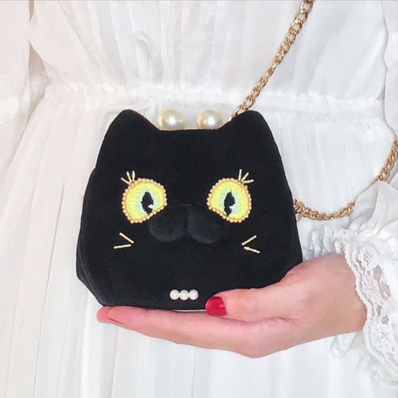 黑猫夫人 手作 女短款钱包 多功能小废包 口金包 皮夹 零钱包 - 皮夹/钱包 - 聚酯纤维 黑色