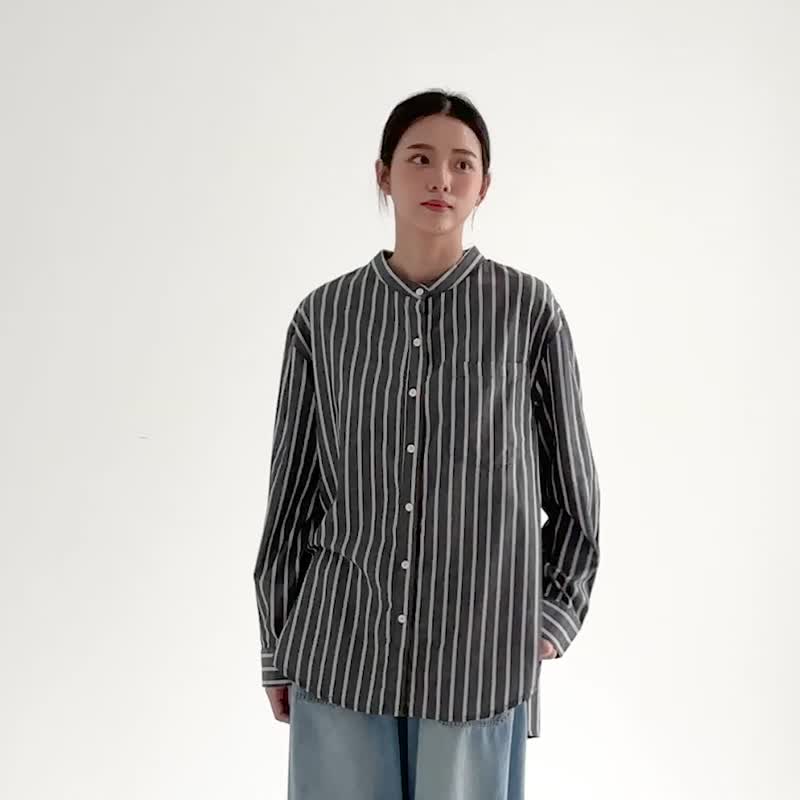【Simply Yours】条纹圆领衬衫 蓝黑F - 女装衬衫 - 棉 蓝色