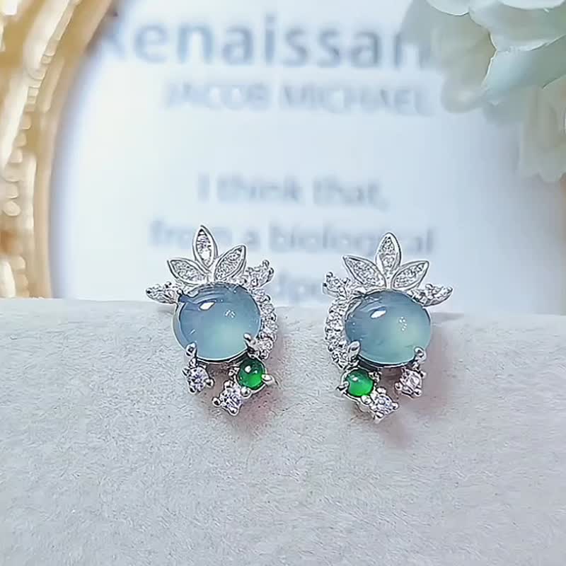 |星月花仙子|A货翡翠冰玻蓝胶大蛋面6.3mm纯银镀18k蝴蝶豪镶耳环 - 耳环/耳夹 - 玉石 