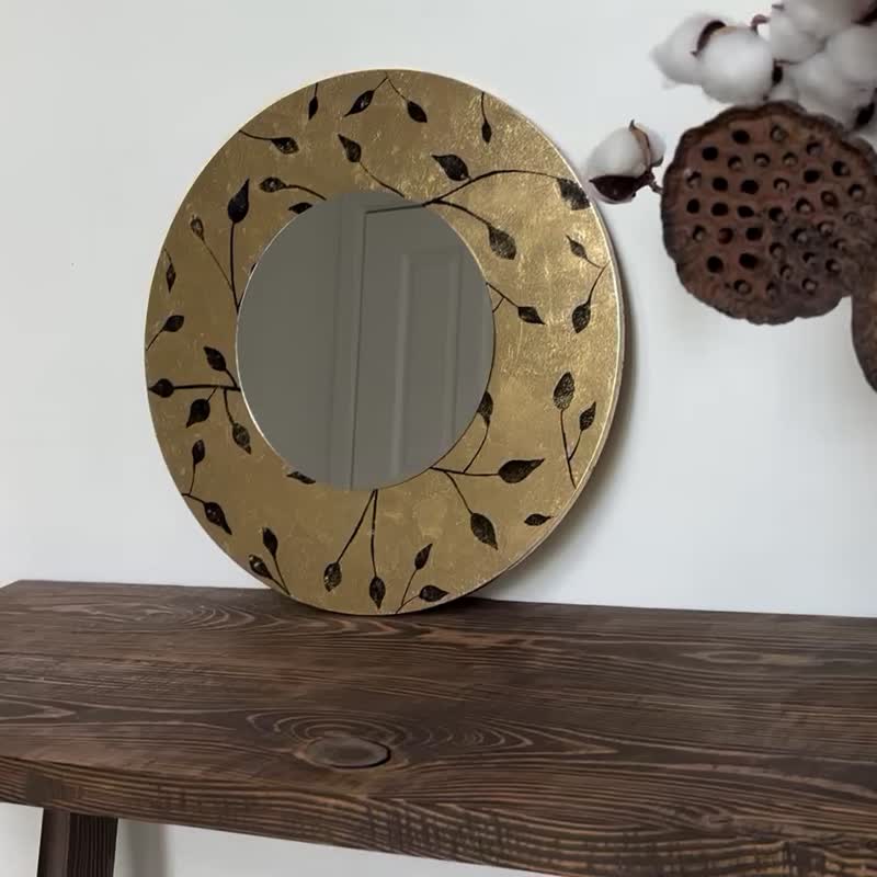 金色圆形挂镜，家居原创镜子，壁镜 - 墙贴/壁贴 - 木头 金色