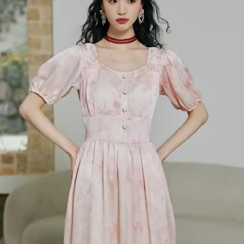 法式优雅气质收腰茶歇连衣裙 柔美显瘦晕染粉色洋装 复古设计师款 - 洋装/连衣裙 - 其他材质 粉红色