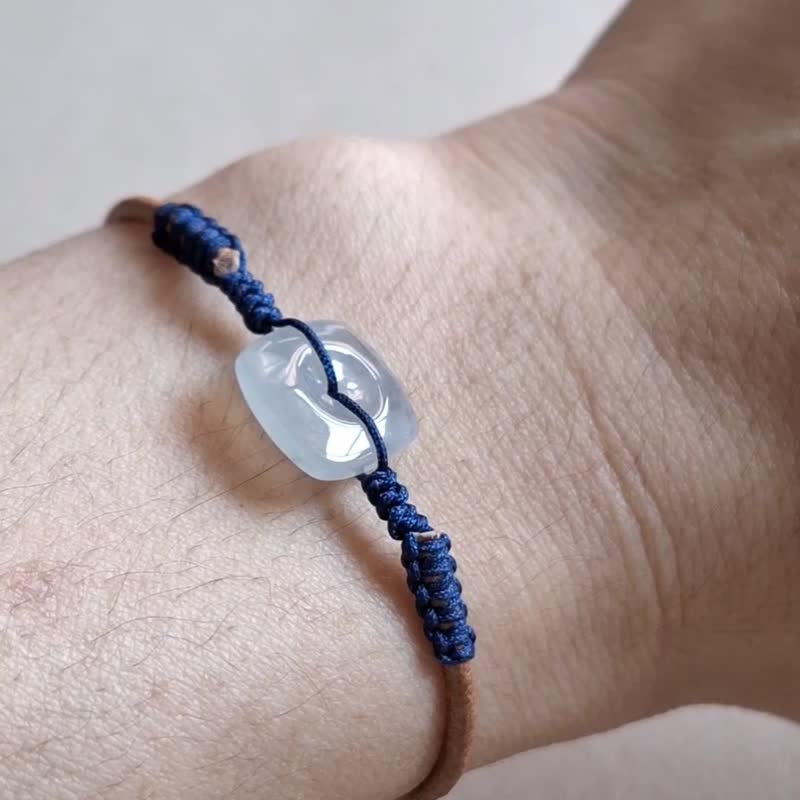 福利价 | 乌鸡翡翠方型平安扣皮手绳 | 天然缅甸翡翠 - 手链/手环 - 玉石 