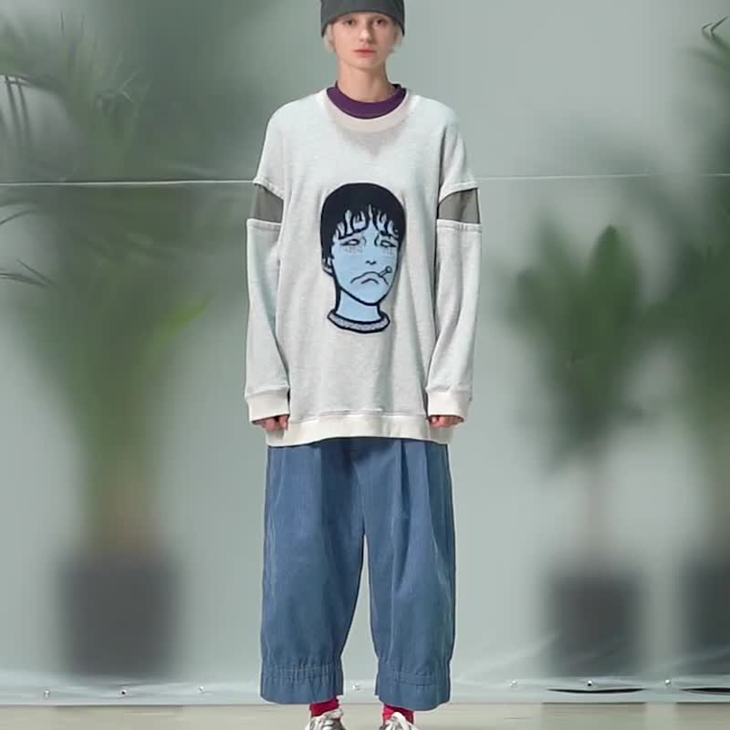 UNVESNO伊藤润二联名双一系列潮牌刺绣衣服秋季无帽卫衣 SWS-1427 - 男装上衣/T 恤 - 棉．麻 蓝色