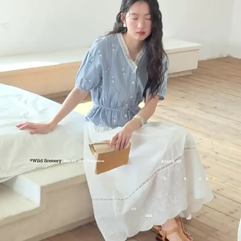 白色 私藏的花語 法式古典文藝重工長裙 花卉刺繡花邊拼接半身裙 - 裙子 - 棉 白色