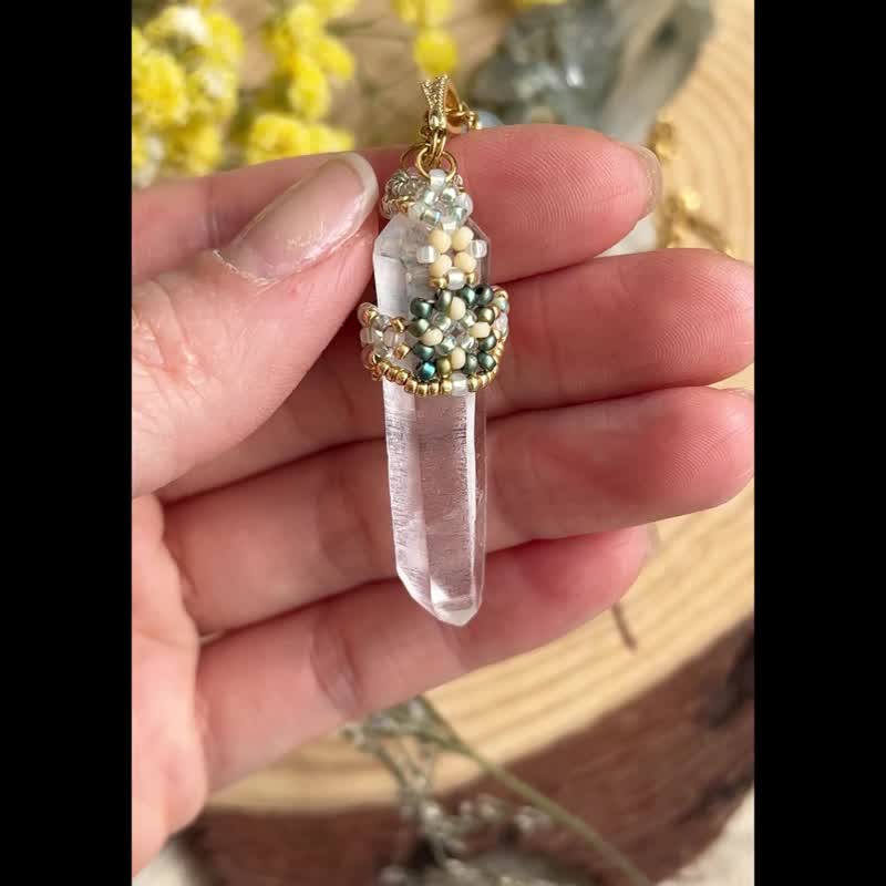雷姆利亚 白水晶 玻璃米珠 x 天然石 串珠吊坠 配 宝石链 - 项链 - 水晶 绿色