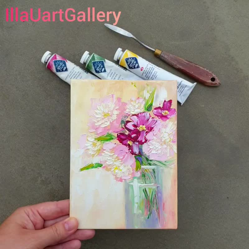 Peony Painting Floral Original Art Flower Wall Art Impasto Oil Painting Canvas - 海报/装饰画/版画 - 其他材质 多色
