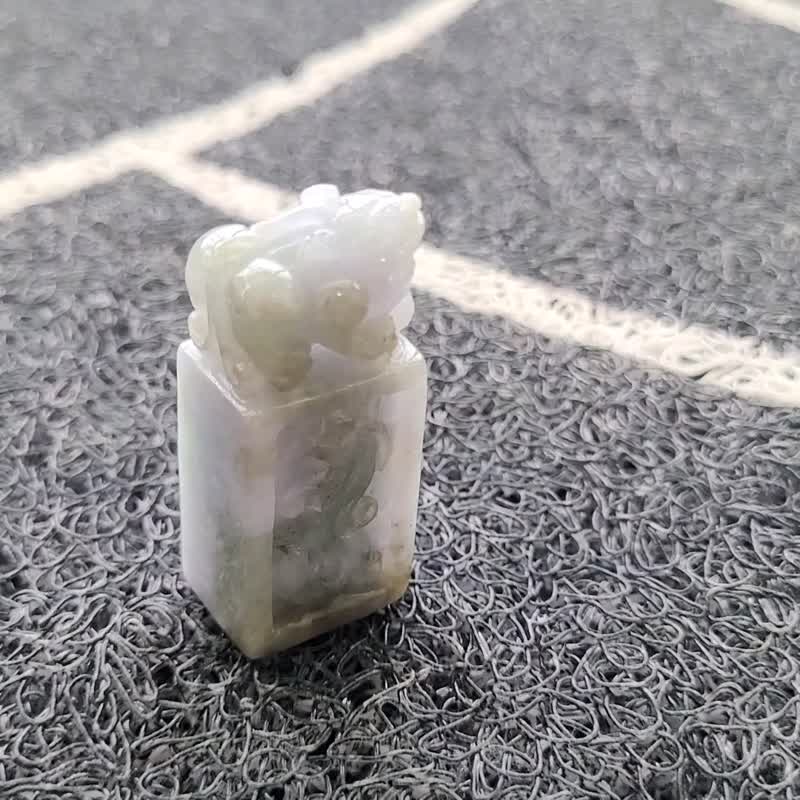 【亲翠】天然翡翠 冰紫带茶绿色仿古凤纹美极印章 招财貔貅 - 印章/印台 - 玉石 多色