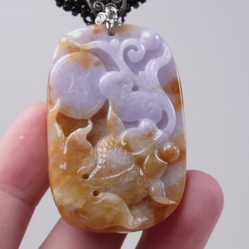 紫罗兰飘黄翡翡翠巧雕荷包有鱼项链 | 天然缅甸玉A货翡翠 | 送礼 - 项链 - 玉石 多色
