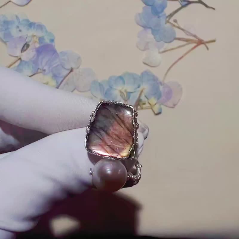 纯手工纯银制作彩色l拉长石珍珠开口戒指 - 戒指 - 宝石 多色