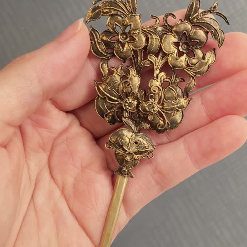 老鎏金花卉发簪– 古董发饰 - 纯古董 SA-016 - 其他 - 银 金色
