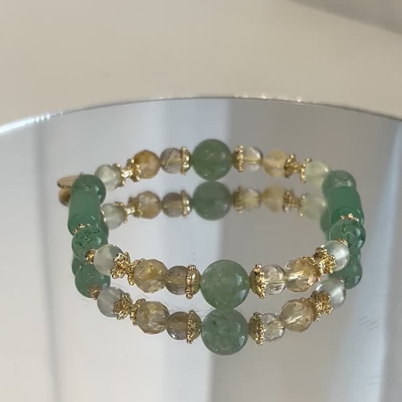 绿草莓晶 黄水晶 钛晶 葡萄石 东菱玉 天然水晶手链 14KGF黄铜 - 手链/手环 - 水晶 