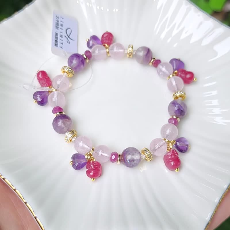 顶级冰摩根石 紫龙晶 玫瑰石貔貅 紫水晶 红宝石 手链 单品 礼物 - 手链/手环 - 宝石 紫色