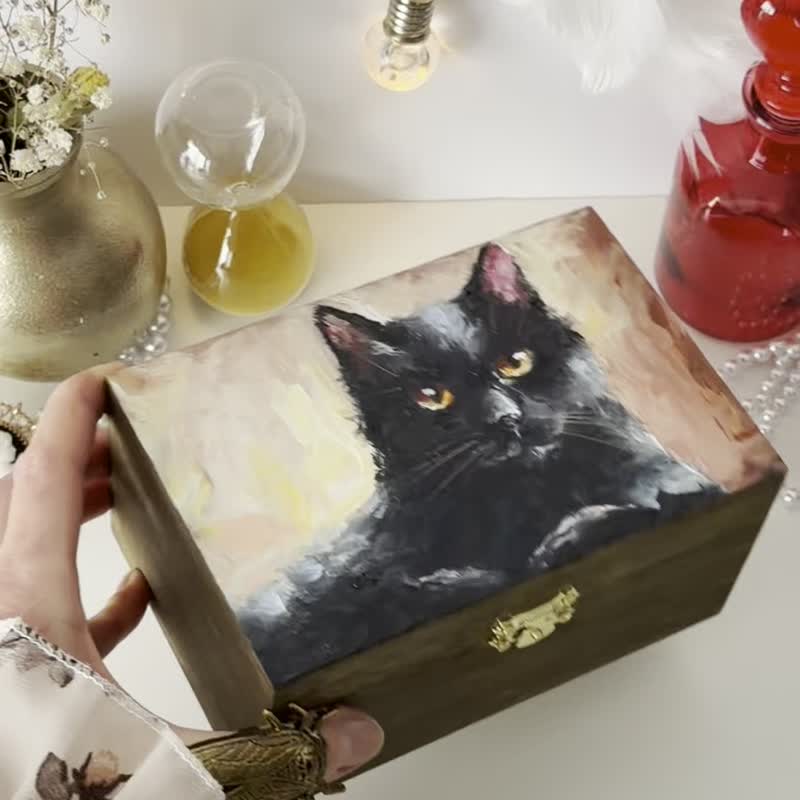 手绘木盒 黑猫，收纳盒，木制饰品盒，杂物盒 - 收纳用品 - 木头 咖啡色