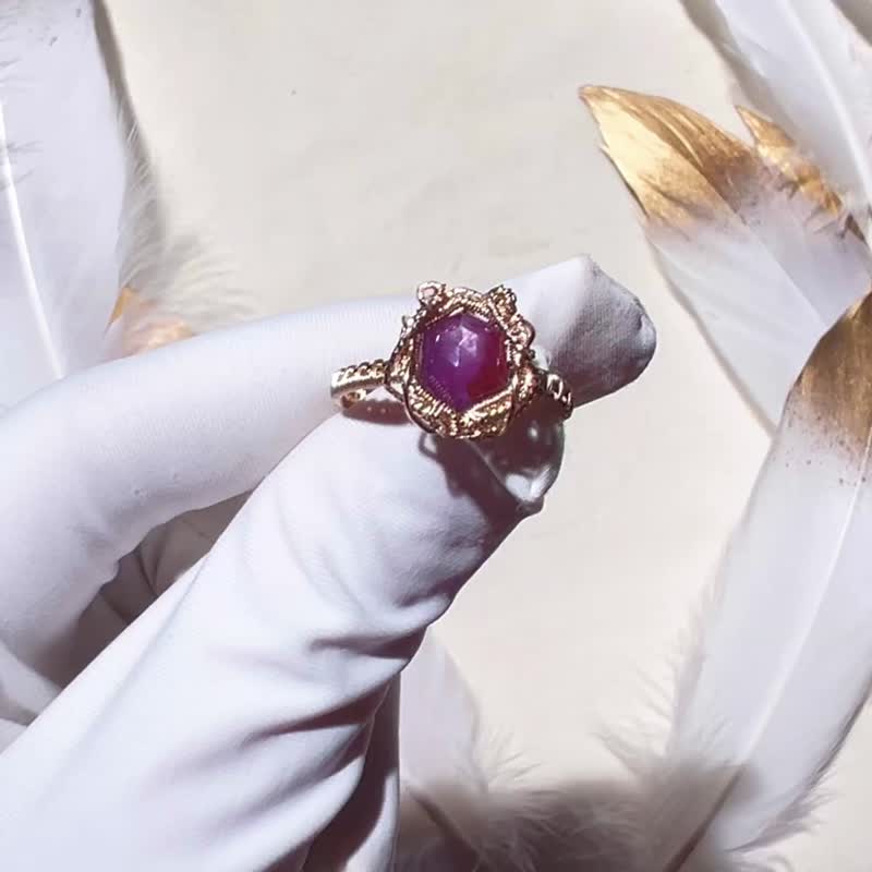 纯手工14K包金绕线星光红宝石六边形开口戒指 - 戒指 - 宝石 多色