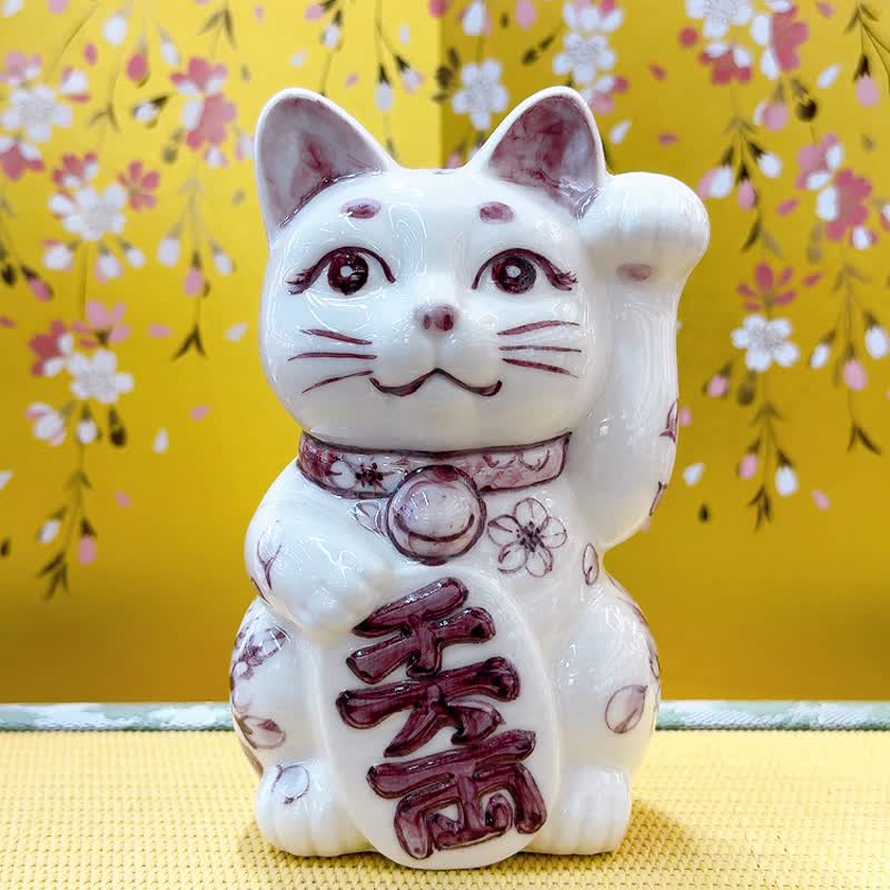 【樱雅聚宝】日本清水烧招财猫 | 紫染付 - 樱 左 - 摆饰 - 瓷 白色
