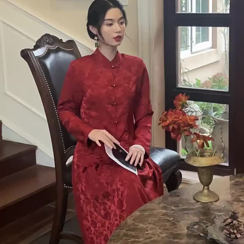 落霞紅 中式結婚禮服長袖上衣長裙套裝 出閣婚宴紅色新娘敬酒服 - 旗袍 - 聚酯纤维 红色