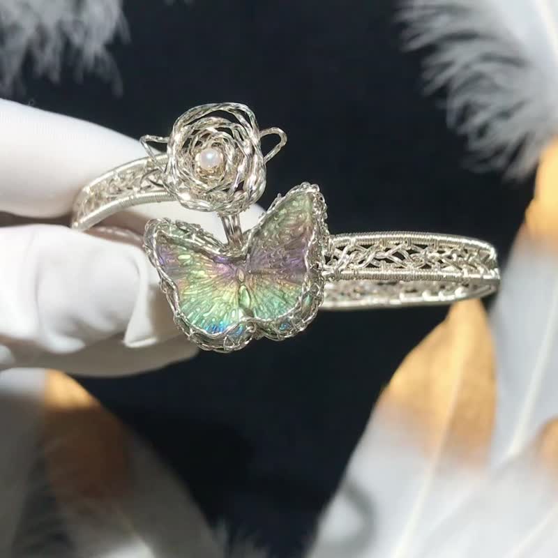 纯手工纯银制作彩色l拉长石蝴蝶玫瑰花手镯 - 手链/手环 - 宝石 多色
