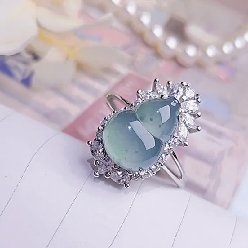 有福有财|冰玻起胶蓝翡大葫芦|A货翡翠纯银豪镶戒指 - 戒指 - 玉石 