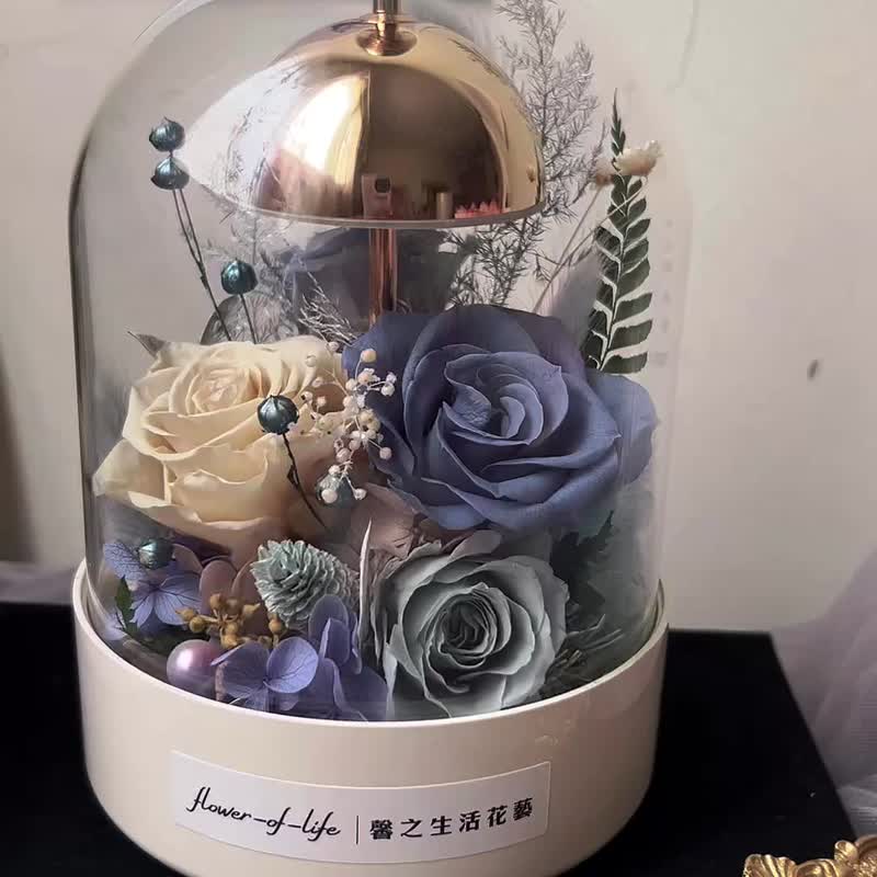 【生日礼物】flower-of-life  暖蓝星愿 风铃拍拍玻璃罩 日本玫瑰 - 干燥花/捧花 - 玻璃 蓝色