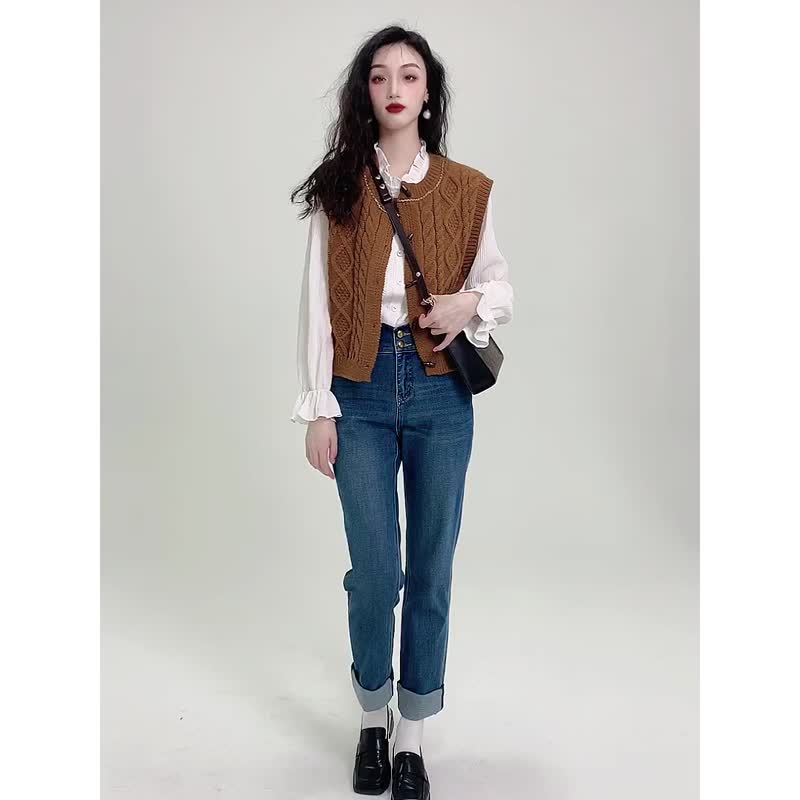 春上新 杏色咖啡色单排扣麻花撞色 马甲背心针织衫 - 女装针织衫/毛衣 - 聚酯纤维 