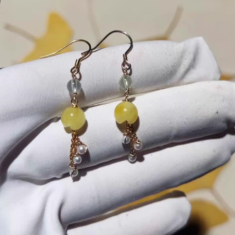 进口14K包金绕线手工制作琥珀风铃花珍珠耳环 - 耳环/耳夹 - 宝石 多色