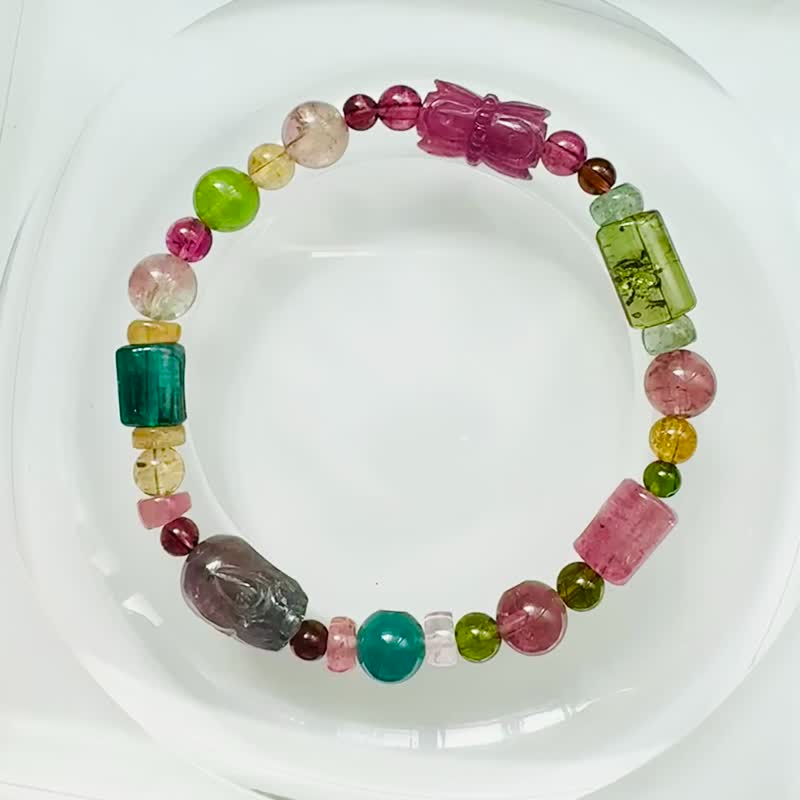 珠光宝气碧玺设计款紫碧玺貔貅紫粉并蒂莲碧玺手围 16cm 电气石 - 手链/手环 - 水晶 多色