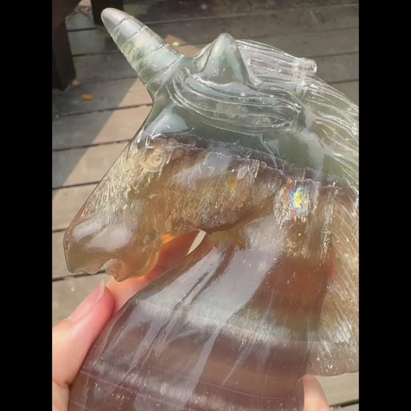 超稀有 彩虹光鬃毛 独角兽 苹果绿 黄金色调 萤石 七次元 神兽 - 摆饰 - 半宝石 多色