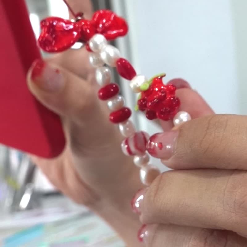红色栗色手机附钥匙圈、手机带、串珠手机带 - 挂绳/吊绳 - 玻璃 红色