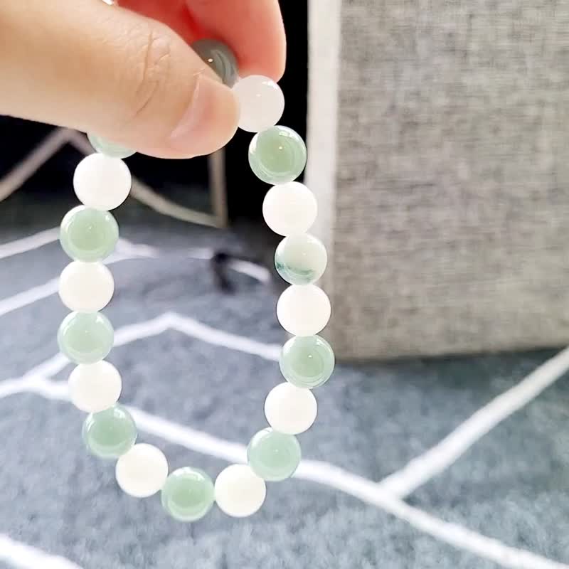 【亲翠】天然翡翠 冰透白冰mix湖水蓝绿9mm圆珠优雅意境手围16适 - 手链/手环 - 玉石 多色