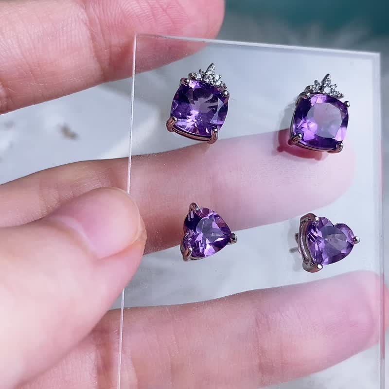 天然紫水晶 紫水晶戒指  宝石耳环 925纯银抗敏 耳钉 心形 - 耳环/耳夹 - 宝石 紫色