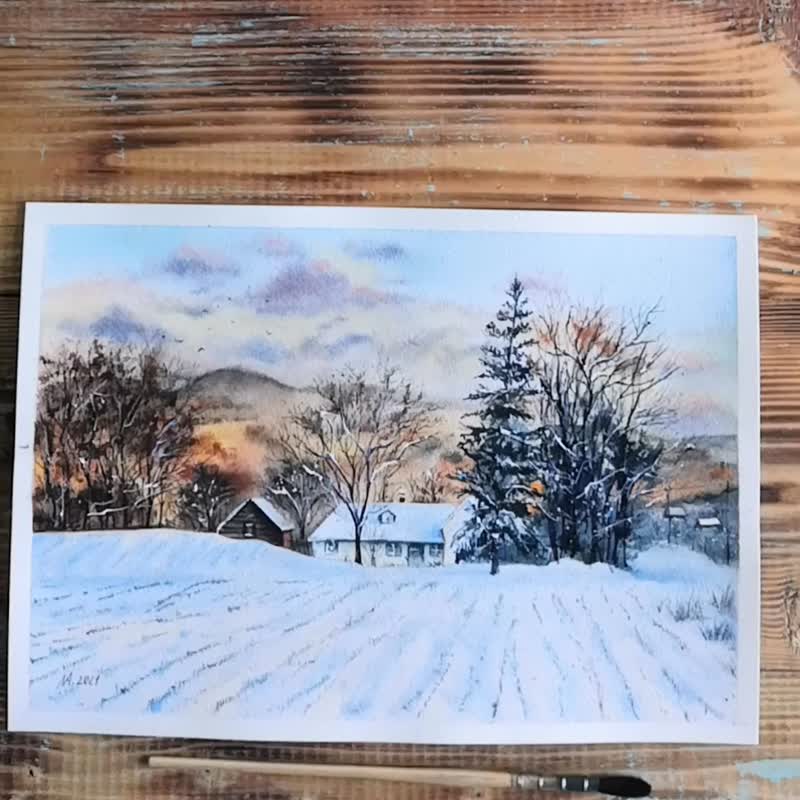 House Painting Original Watercolor Landscape Winter Rustic Scenery Artwork - 海报/装饰画/版画 - 纸 多色