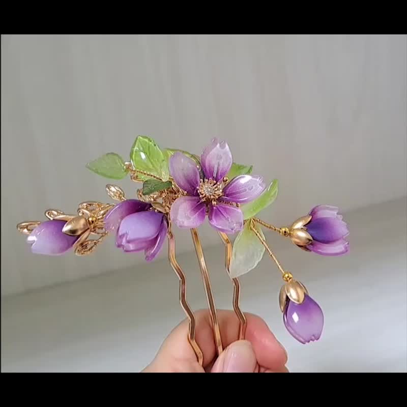 宝石琉璃花系列~【深紫樱花】~后压式三股发钗 - 发饰 - 玻璃 紫色