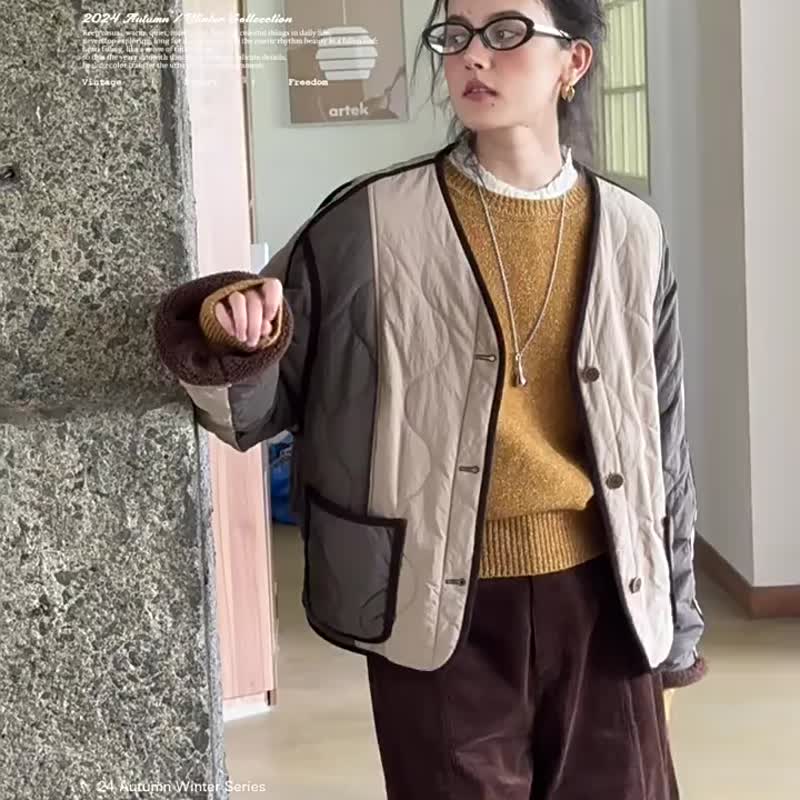 茶咖拼色 泰晤士的冬 英倫復古風棉服 V領雙口袋中短款冬季外套 - 女装休闲/机能外套 - 其他人造纤维 卡其色