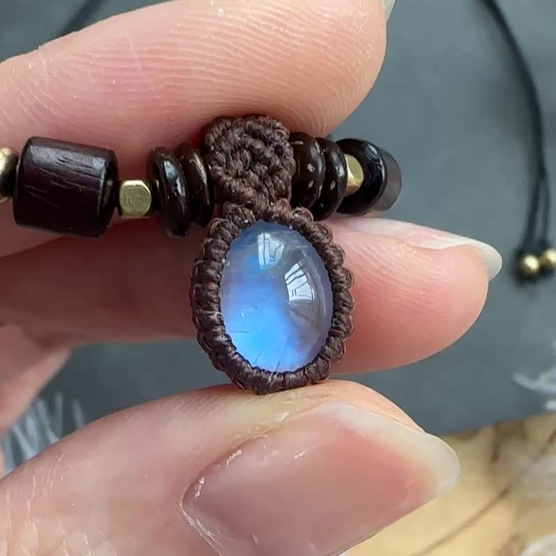 N1207 民族风 蜡线编织 月亮石 铜珠 颈链 (可调长度) - 项链 - 宝石 咖啡色