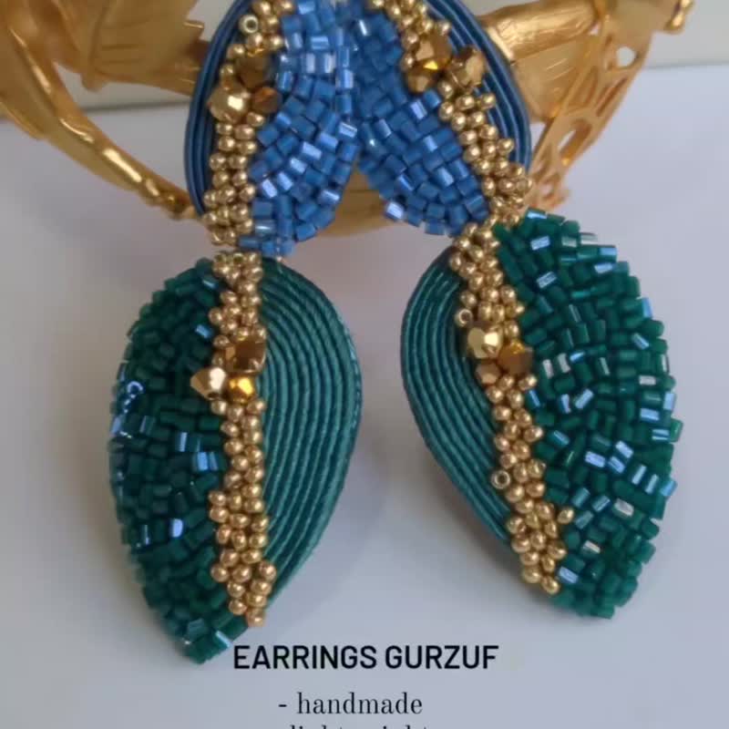 Earrings Gurzuf in green and blue colour - 耳环/耳夹 - 其他材质 多色