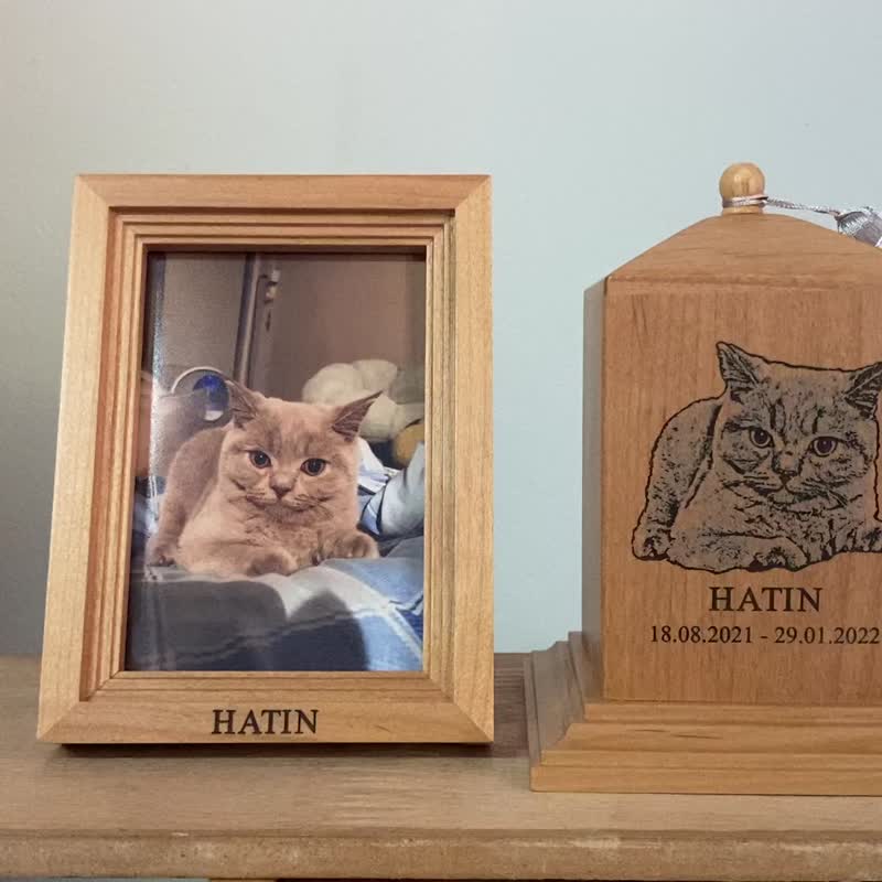 猫骨灰盒  宠物骨灰盒  定制猫骨灰盒  纪念品猫木盒  带框架雕刻 - 其他 - 木头 金色