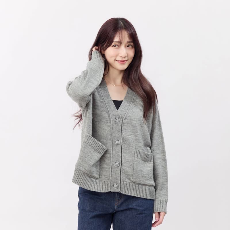 Carol寬邊V領開襟針織外套/棕 - 女装针织衫/毛衣 - 棉．麻 灰色