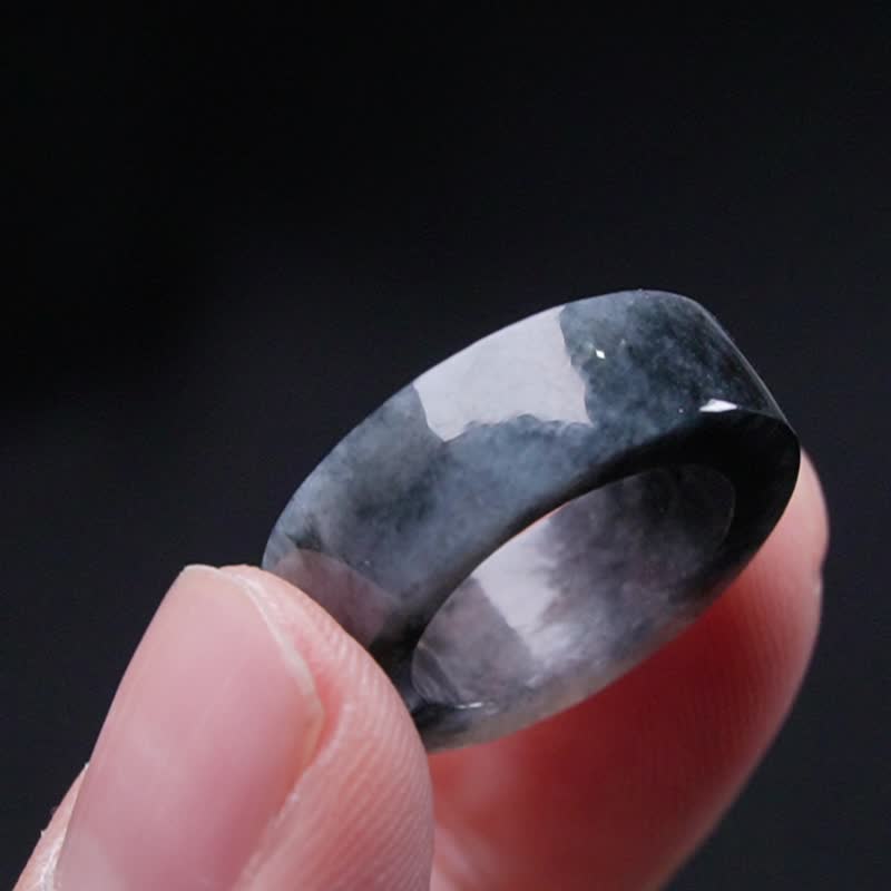 冰乌鸡翡翠角戒戒指戒圈 | 国际10围 | 天然缅甸玉翡翠A货 | 送礼 - 戒指 - 玉石 黑色