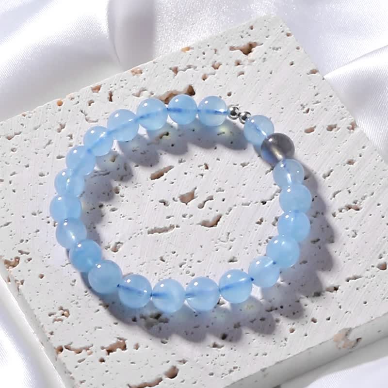 天然海蓝宝 / 月光石 / 喉轮疗愈水晶 - 手链/手环 - 水晶 蓝色