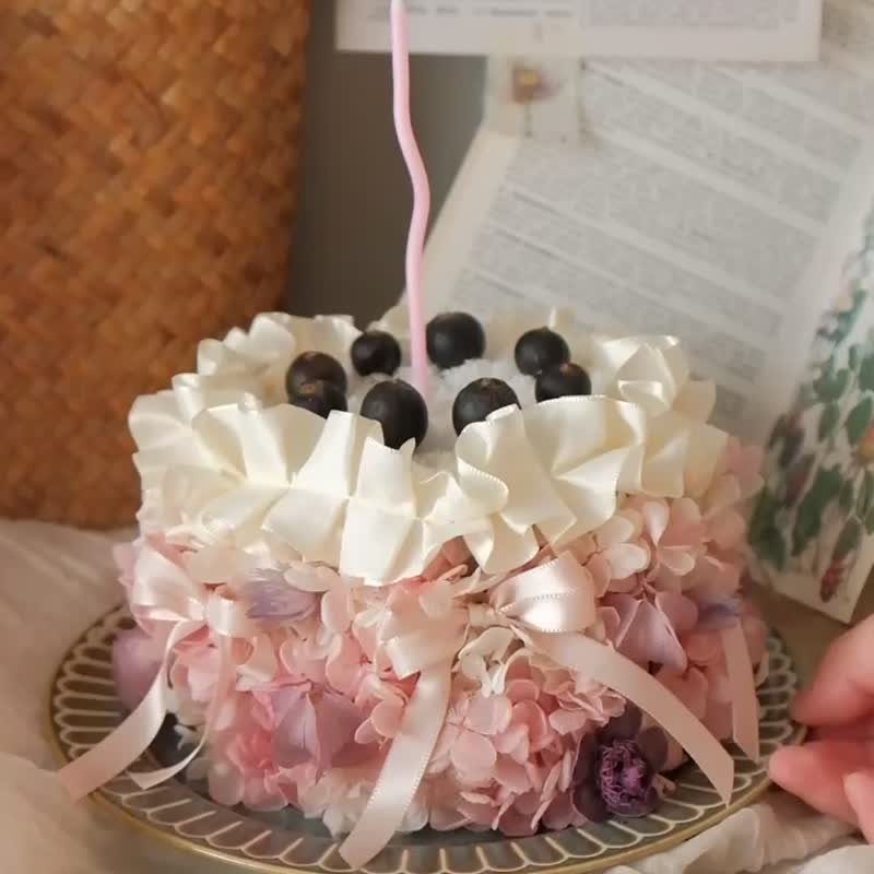 【现货】6寸永生花蛋糕 索拉花 干燥花 不凋花 生日 奶油野莓派对 - 干燥花/捧花 - 植物．花 粉红色